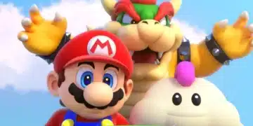 High-quality image from a Mario franchise game, featuring Mario in his classic red hat and blue overalls, Bowser with his fierce expression and spiked shell, and a cheerful white Mallow. They are poised for action atop a grassy platform against a bright blue sky, reflecting the vibrant and whimsical nature of the Mario universe. This image encapsulates the camaraderie and adventure typical of Mario RPG games, where unlikely allies come together for a greater cause.