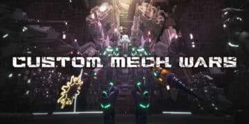 Mech Wars game banner showcasing towering mechs ready for battle in a futuristic hangar, with the game's title illuminated above
