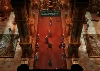 Imagen del juego "Warhammer 40,000", mostrando una escena de un imponente salón con suelo de mármol y columnas doradas, donde una figura central declara ser el salvador de su casa, listo para sacrificar todo. Rodeado de soldados en una formación de combate, el ambiente captura la tensidad y la grandiosidad típicas del universo de Warhammer 40K, con una atmósfera de traición y conflicto inminente.