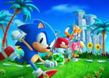 Vibrant promotional image for "Sonic Superstars" featuring Sonic in the foreground with Tails, Knuckles, and Amy in a lush, green environment with iconic loop-de-loops and palm trees in the background, evoking the classic visual style of the original Sonic the Hedgehog games and indicating a return to the series' roots with fast-paced platforming action and beloved characters.