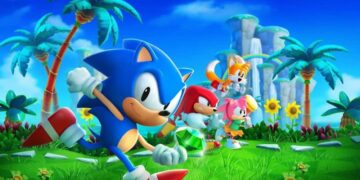 Vibrant promotional image for "Sonic Superstars" featuring Sonic in the foreground with Tails, Knuckles, and Amy in a lush, green environment with iconic loop-de-loops and palm trees in the background, evoking the classic visual style of the original Sonic the Hedgehog games and indicating a return to the series' roots with fast-paced platforming action and beloved characters.