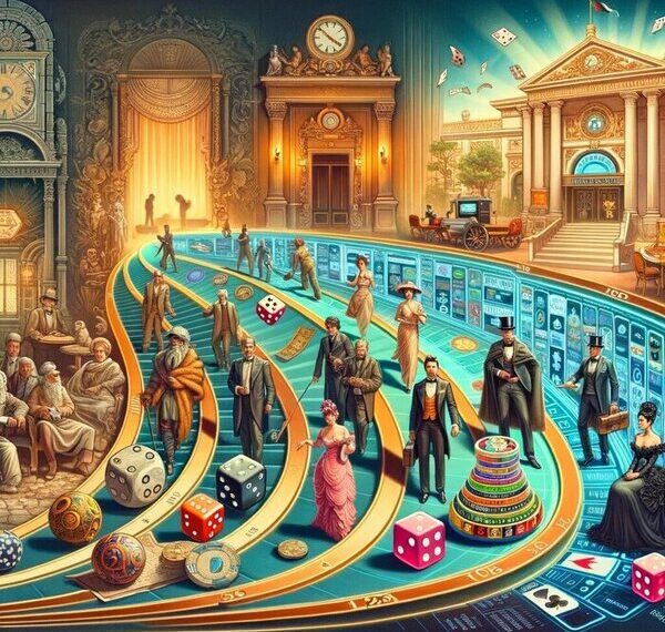 Ilustración de la evolución histórica de los casinos, desde juegos antiguos hasta la era digital, con personajes y elementos representativos.
