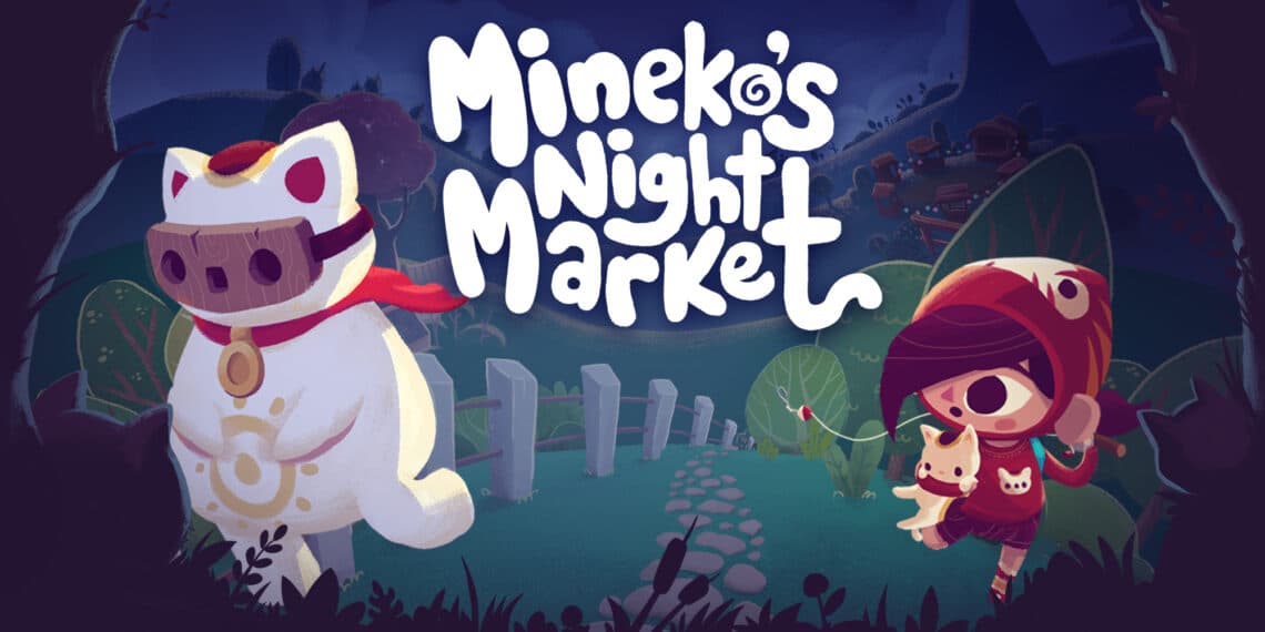 rtwork for 'Mineko’s Night Market' game, depicting a character in red with a small cat, beside a giant whimsical cat figure, against a vibrant night market backdrop.