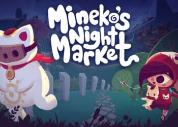 rtwork for 'Mineko’s Night Market' game, depicting a character in red with a small cat, beside a giant whimsical cat figure, against a vibrant night market backdrop.