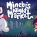 rtwork for 'Mineko’s Night Market' game, depicting a character in red with a small cat, beside a giant whimsical cat figure, against a vibrant night market backdrop.