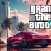 Imagem promocional do GTA VI com um carro esportivo rosa na frente de palmeiras e arranha-céus sob um céu ao entardecer