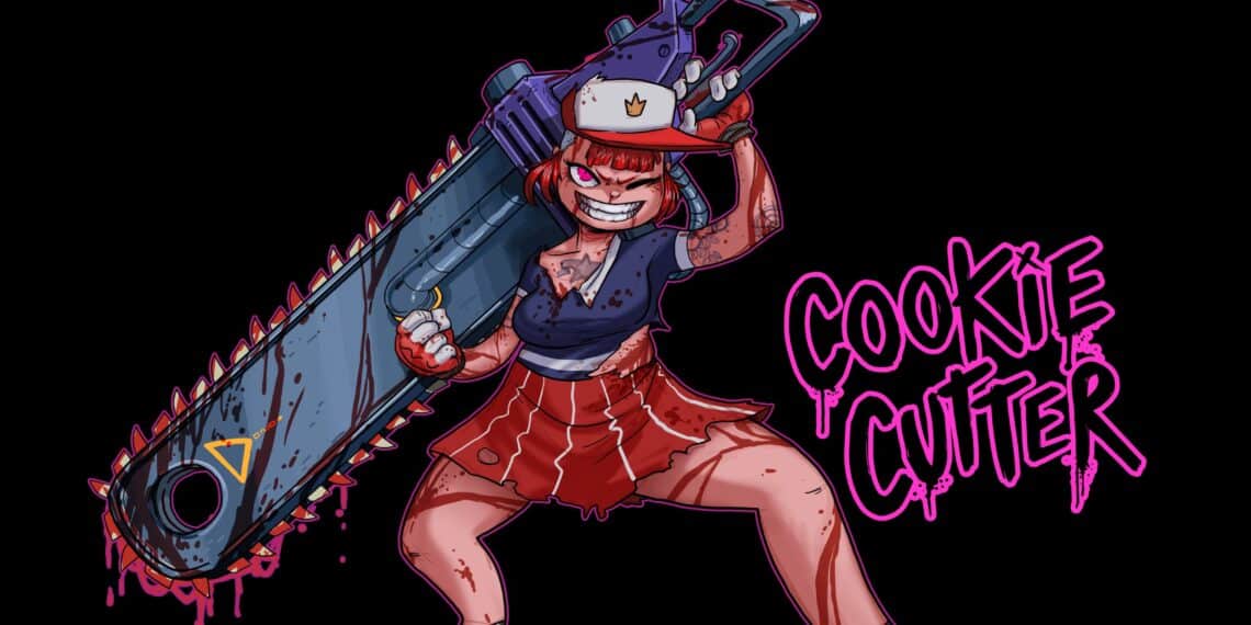 Artwork for 'Cookie Cutter' featuring a red-haired, mischievous character wielding an oversized chainsaw, with the game's logo in bright pink."