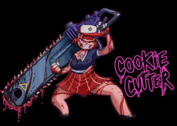 Artwork for 'Cookie Cutter' featuring a red-haired, mischievous character wielding an oversized chainsaw, with the game's logo in bright pink."