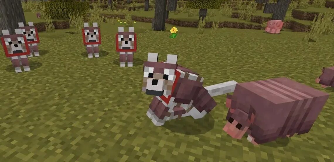 Lobos con armadura en Minecraft escoltando a un armadillo, preparándose para la aventura en un mundo pixelado