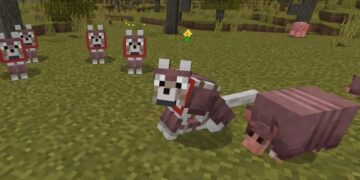 Lobos con armadura en Minecraft escoltando a un armadillo, preparándose para la aventura en un mundo pixelado