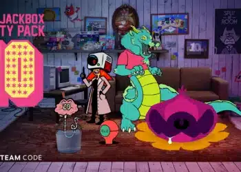 Imagem promocional do 'Jackbox 10' apresentando personagens de jogos vibrantes e caricatos em uma sala aconchegante e excêntrica, repleta de referências aos jogos anteriores da série Jackbox. Um grande número '10' em rosa domina a cena, com um personagem cérebro brincalhão, um detetive robô estiloso e uma criatura parecida com um dragão relaxando em um sofá. O ambiente antecipa uma mistura divertida e eclética de mini-jogos que prometem risadas e entretenimento nesta mais recente adição à série de jogos para festas.