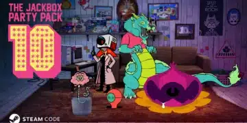 Imagem promocional do 'Jackbox 10' apresentando personagens de jogos vibrantes e caricatos em uma sala aconchegante e excêntrica, repleta de referências aos jogos anteriores da série Jackbox. Um grande número '10' em rosa domina a cena, com um personagem cérebro brincalhão, um detetive robô estiloso e uma criatura parecida com um dragão relaxando em um sofá. O ambiente antecipa uma mistura divertida e eclética de mini-jogos que prometem risadas e entretenimento nesta mais recente adição à série de jogos para festas.