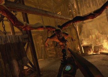 Imagen del videojuego "Resident Evil 4", mostrando una perspectiva en primera persona donde el jugador apunta con una escopeta a un enemigo aterrador que se lanza al ataque con garras extendidas en un entorno desolado y quemado, destacando la intensa acción y el terror sobreviviente que definen la serie.