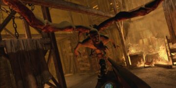 Imagen del videojuego "Resident Evil 4", mostrando una perspectiva en primera persona donde el jugador apunta con una escopeta a un enemigo aterrador que se lanza al ataque con garras extendidas en un entorno desolado y quemado, destacando la intensa acción y el terror sobreviviente que definen la serie.