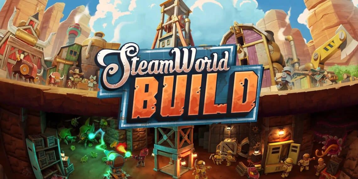 Imagem vibrante de "SteamWorld Build" mostrando robôs steampunk e máquinas trabalhando em uma cidade subterrânea com estruturas coloridas e um céu azul ao fundo.