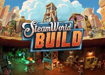 Imagem vibrante de "SteamWorld Build" mostrando robôs steampunk e máquinas trabalhando em uma cidade subterrânea com estruturas coloridas e um céu azul ao fundo.