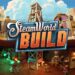 Imagem vibrante de "SteamWorld Build" mostrando robôs steampunk e máquinas trabalhando em uma cidade subterrânea com estruturas coloridas e um céu azul ao fundo.