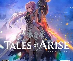 In the evocative artwork for 'Tales of Arise: Beyond the Dawn,' two protagonists stand back-to-back under a twilight sky. The female character, with flowing pink hair and ethereal white garb, gazes at the viewer, while the male character looks into the distance. Sparks of light float around them, suggesting a magical setting. They stand atop a rocky outcrop, hinting at a journey set in a fantastical world where adventure intertwines with the bonds of companionship.