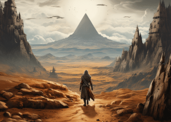 Imagem artística promocional de "Assassin's Creed Mirage", mostrando uma figura encapuzada caminhando em direção a uma pirâmide distante sob um céu imenso com aves voando. A paisagem é um deserto vasto, ladeado por montanhas afiadas e formações rochosas, invocando a sensação de aventura e descoberta em terras antigas e misteriosas. O ambiente sugere uma jornada épica cheia de perigos e descobertas históricas, típica da franquia "Assassin's Creed".