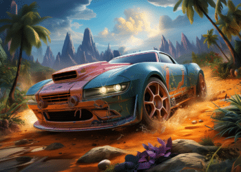 Imagem promocional do jogo 'Hot Wheels Unleashed 2: Turbocharged', mostrando um carro de corrida estilizado Hot Wheels com detalhes em turquesa e laranja, derrapando energicamente em um ambiente tropical exótico com palmeiras, rochas pontiagudas ao fundo e vegetação vibrante.