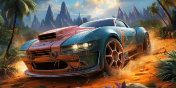 Imagem promocional do jogo 'Hot Wheels Unleashed 2: Turbocharged', mostrando um carro de corrida estilizado Hot Wheels com detalhes em turquesa e laranja, derrapando energicamente em um ambiente tropical exótico com palmeiras, rochas pontiagudas ao fundo e vegetação vibrante.