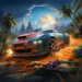 Imagem promocional do jogo 'Hot Wheels Unleashed 2: Turbocharged', mostrando um carro de corrida estilizado Hot Wheels com detalhes em turquesa e laranja, derrapando energicamente em um ambiente tropical exótico com palmeiras, rochas pontiagudas ao fundo e vegetação vibrante.