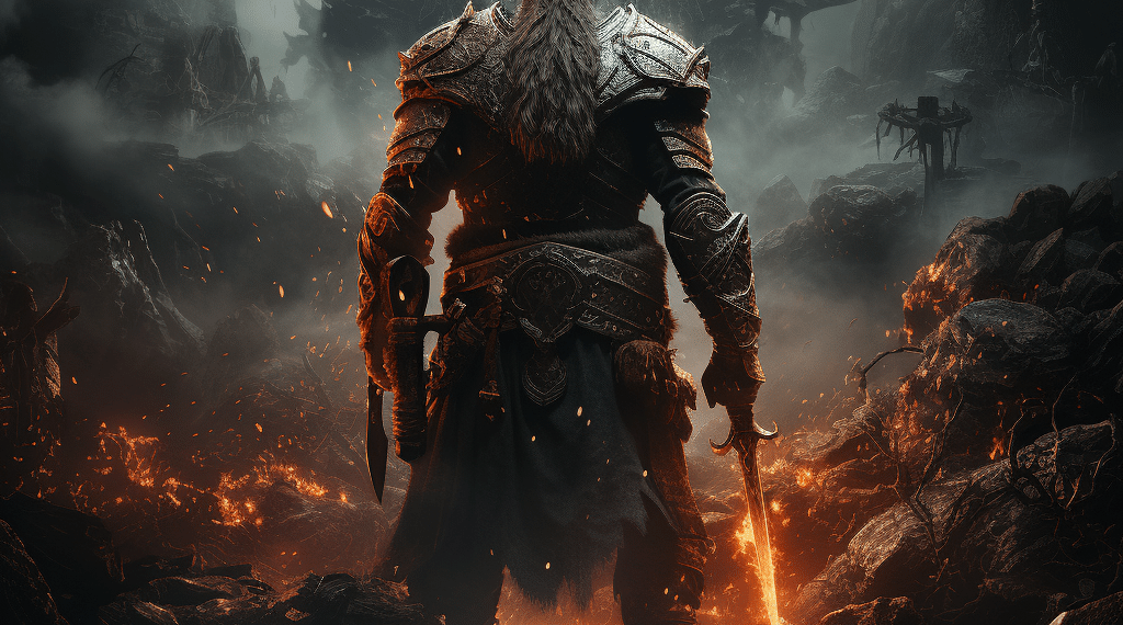 Alt text: "Promotional image for 'Lords of the Fallen (2023)' featuring a formidable warrior with a glowing sword, standing defiantly amidst a dark, sinister landscape. A towering, ominous figure with glowing red eyes looms in the shadowy background, suggesting an epic confrontation. The environment is bleak and volcanic, with embers and ash drifting through the air, encapsulating the game's grim and foreboding atmosphere.