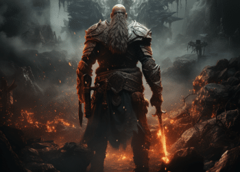 Alt text: "Promotional image for 'Lords of the Fallen (2023)' featuring a formidable warrior with a glowing sword, standing defiantly amidst a dark, sinister landscape. A towering, ominous figure with glowing red eyes looms in the shadowy background, suggesting an epic confrontation. The environment is bleak and volcanic, with embers and ash drifting through the air, encapsulating the game's grim and foreboding atmosphere.