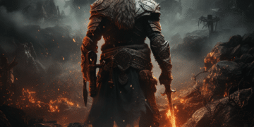 Alt text: "Promotional image for 'Lords of the Fallen (2023)' featuring a formidable warrior with a glowing sword, standing defiantly amidst a dark, sinister landscape. A towering, ominous figure with glowing red eyes looms in the shadowy background, suggesting an epic confrontation. The environment is bleak and volcanic, with embers and ash drifting through the air, encapsulating the game's grim and foreboding atmosphere.