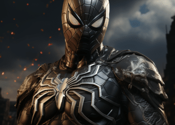 Detailed image of Spider-Man in a black suit with silver emblem from Marvel's Spider-Man 2, set against a cloudy sky with orange embers floating in the background.