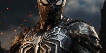 Detailed image of Spider-Man in a black suit with silver emblem from Marvel's Spider-Man 2, set against a cloudy sky with orange embers floating in the background.