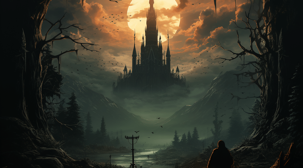 An atmospheric scene from 'The Last Faight: A Gothic Metroidvania Adventure' depicting a cloaked figure standing before a sprawling gothic castle, silhouetted against a large, luminous full moon. The castle's spires reach high into the sky, dwarfing the surrounding landscape. Foreboding bare trees and a misty, mountainous backdrop evoke a sense of solitude and impending adventure, while the path leading to the castle is both inviting and ominous, hinting at the epic journey that lies ahead.