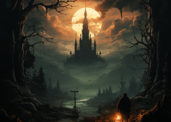 An atmospheric scene from 'The Last Faight: A Gothic Metroidvania Adventure' depicting a cloaked figure standing before a sprawling gothic castle, silhouetted against a large, luminous full moon. The castle's spires reach high into the sky, dwarfing the surrounding landscape. Foreboding bare trees and a misty, mountainous backdrop evoke a sense of solitude and impending adventure, while the path leading to the castle is both inviting and ominous, hinting at the epic journey that lies ahead.