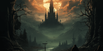 An atmospheric scene from 'The Last Faight: A Gothic Metroidvania Adventure' depicting a cloaked figure standing before a sprawling gothic castle, silhouetted against a large, luminous full moon. The castle's spires reach high into the sky, dwarfing the surrounding landscape. Foreboding bare trees and a misty, mountainous backdrop evoke a sense of solitude and impending adventure, while the path leading to the castle is both inviting and ominous, hinting at the epic journey that lies ahead.