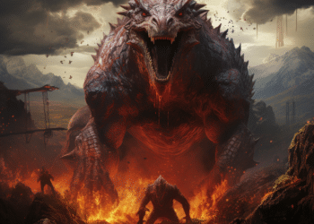 A dramatic scene for 'The Lord of the Rings: Return to Moria' featuring a colossal, fearsome dragon emerging from a fiery chasm in a mountainous landscape. Warriors in silhouette brace for battle against this mighty beast. Foreboding skies loom overhead, with dark clouds and a flock of birds in flight, adding to the epic and perilous atmosphere of Middle-earth.