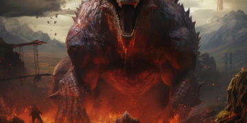 A dramatic scene for 'The Lord of the Rings: Return to Moria' featuring a colossal, fearsome dragon emerging from a fiery chasm in a mountainous landscape. Warriors in silhouette brace for battle against this mighty beast. Foreboding skies loom overhead, with dark clouds and a flock of birds in flight, adding to the epic and perilous atmosphere of Middle-earth.