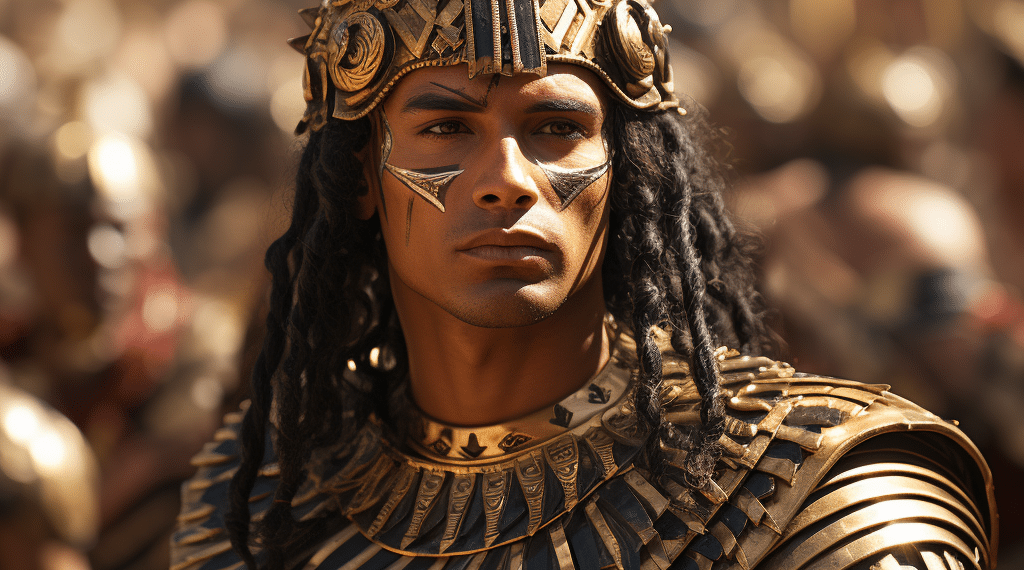 A character from 'Total War: Pharaoh Review' wearing intricate golden Egyptian armor and headdress stands dignified with a focused gaze, embodying the grandeur and might of ancient Egypt's warriors.