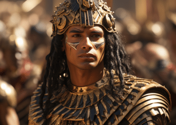 A character from 'Total War: Pharaoh Review' wearing intricate golden Egyptian armor and headdress stands dignified with a focused gaze, embodying the grandeur and might of ancient Egypt's warriors.