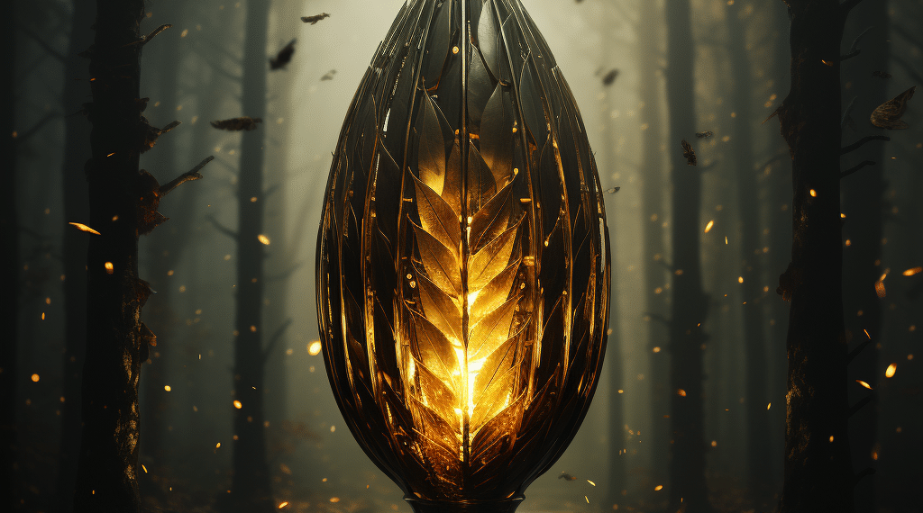 Imagem para a análise do jogo 'Cocoon', exibindo um casulo dourado luminoso e ornamental no centro de uma floresta nebulosa e misteriosa, com folhas caindo ao redor.