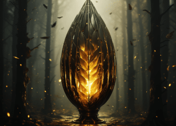 Imagem para a análise do jogo 'Cocoon', exibindo um casulo dourado luminoso e ornamental no centro de uma floresta nebulosa e misteriosa, com folhas caindo ao redor.