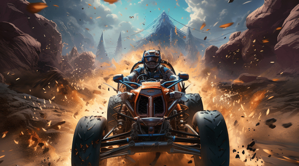 Dynamic image from "Fortnite Rocket Racing," featuring a racer in a blue suit driving an orange ATV through a rocky terrain. Debris and rocks are flying through the air due to the vehicle's speed. In the background, a towering, icy mountain looms under a bright, cloudy sky, suggesting a high-energy, off-road race within the "Fortnite" universe. The scene captures the essence of speed and competition, with the ATV's aggressive stance and the driver's focused demeanor highlighting the intensity of the race.
