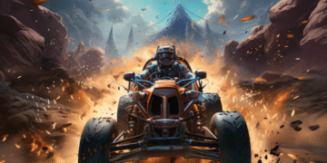 Dynamic image from "Fortnite Rocket Racing," featuring a racer in a blue suit driving an orange ATV through a rocky terrain. Debris and rocks are flying through the air due to the vehicle's speed. In the background, a towering, icy mountain looms under a bright, cloudy sky, suggesting a high-energy, off-road race within the "Fortnite" universe. The scene captures the essence of speed and competition, with the ATV's aggressive stance and the driver's focused demeanor highlighting the intensity of the race.