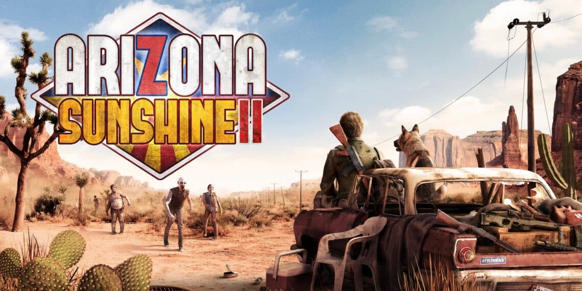 Imagem promocional do jogo 'Arizona Sunshine 2' com personagens armados enfrentando zumbis em um deserto árido, com cactos e um carro abandonado.