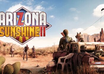 Imagem promocional do jogo 'Arizona Sunshine 2' com personagens armados enfrentando zumbis em um deserto árido, com cactos e um carro abandonado.