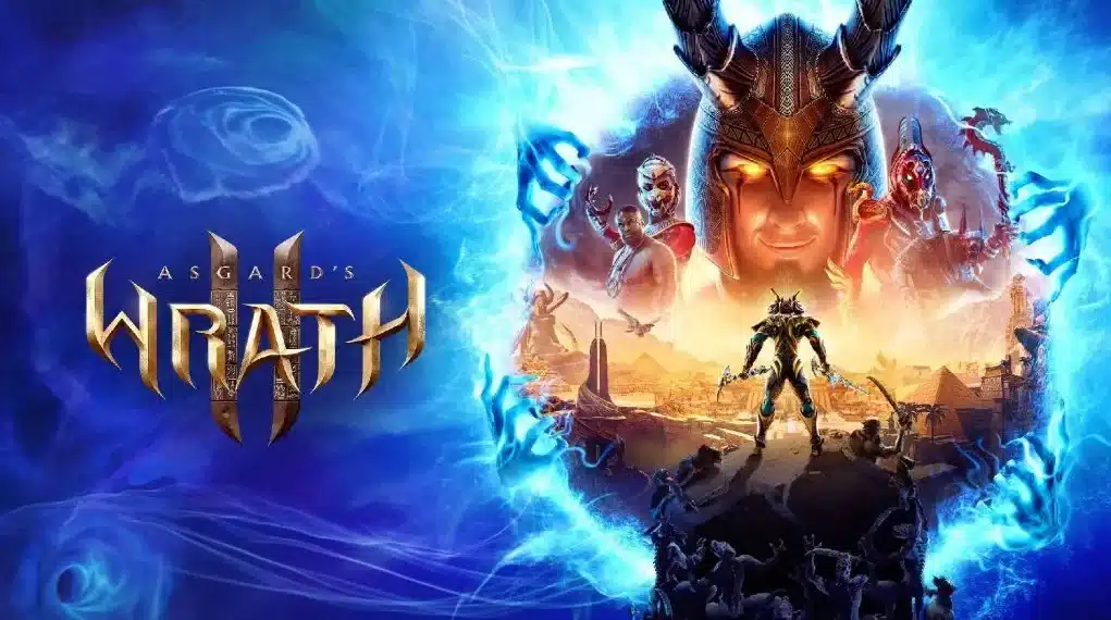 Imagen promocional para 'Asgard’s Wrath 2', mostrando una figura heroica en el centro, rodeada por dioses nórdicos y criaturas místicas contra un fondo de batalla épica y elementos mágicos azules.
