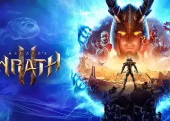 Imagen promocional para 'Asgard’s Wrath 2', mostrando una figura heroica en el centro, rodeada por dioses nórdicos y criaturas místicas contra un fondo de batalla épica y elementos mágicos azules.