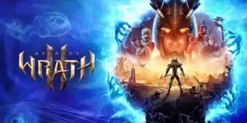 Imagen promocional para 'Asgard’s Wrath 2', mostrando una figura heroica en el centro, rodeada por dioses nórdicos y criaturas místicas contra un fondo de batalla épica y elementos mágicos azules.