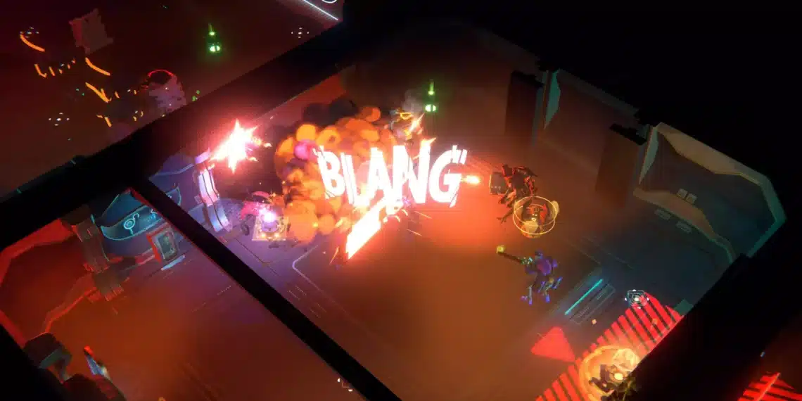 A chaotic battle scene from 'Endless Dungeon,' showcasing characters engaging in combat within a futuristic, dimly lit corridor. An explosion emblazoned with the word 'BLAM' illuminates the area, reflecting off the sleek metal surfaces. Heroes are strategically positioned, firing at unseen adversaries, highlighted by the sharp contrast of red emergency lighting and the vivid orange of the blast, encapsulating the game's intense, rogue-like action.
