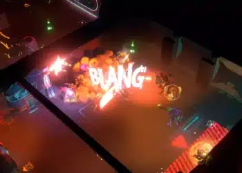 A chaotic battle scene from 'Endless Dungeon,' showcasing characters engaging in combat within a futuristic, dimly lit corridor. An explosion emblazoned with the word 'BLAM' illuminates the area, reflecting off the sleek metal surfaces. Heroes are strategically positioned, firing at unseen adversaries, highlighted by the sharp contrast of red emergency lighting and the vivid orange of the blast, encapsulating the game's intense, rogue-like action.