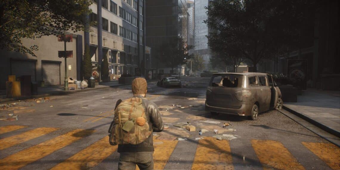 In-game screenshot of 'The Day Before' depicting a character with a backpack looking down a deserted city street with abandoned cars and scattered debris under a hazy sky.